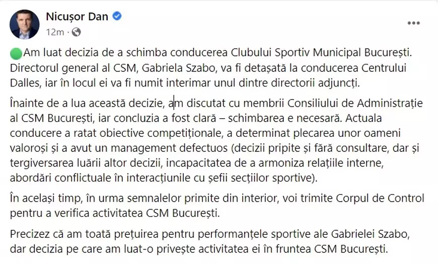 Nicuşor Dan o demite pe Gabriela Szabo de la conducerea CSM București și trimite corpul de control