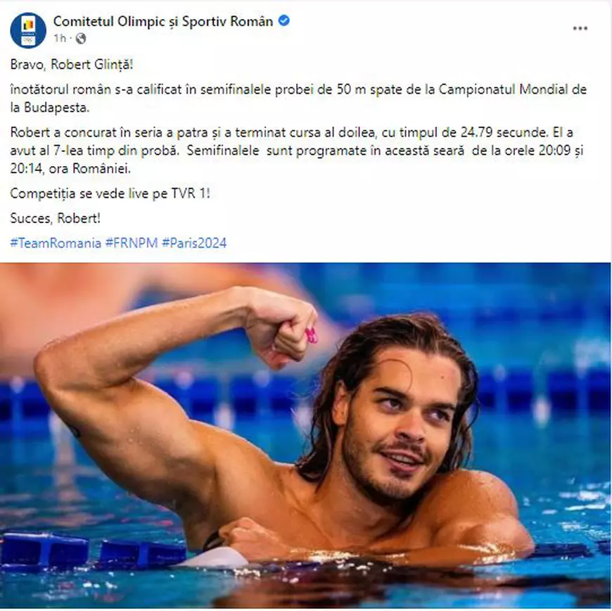 Robert Glință s-a calificat în semifinale la 50 de metri spate, la Campionatul Mondial de Nataţie