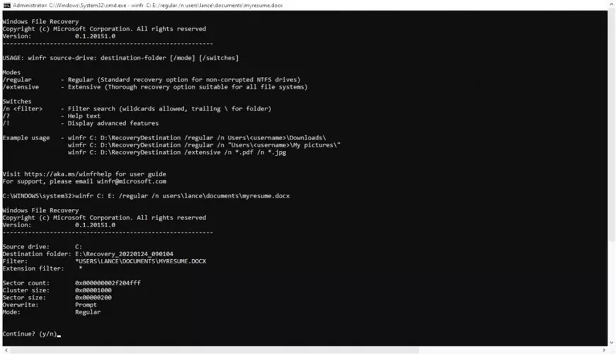 Imagine cu aplicaţia Recuperare fişere Windows.