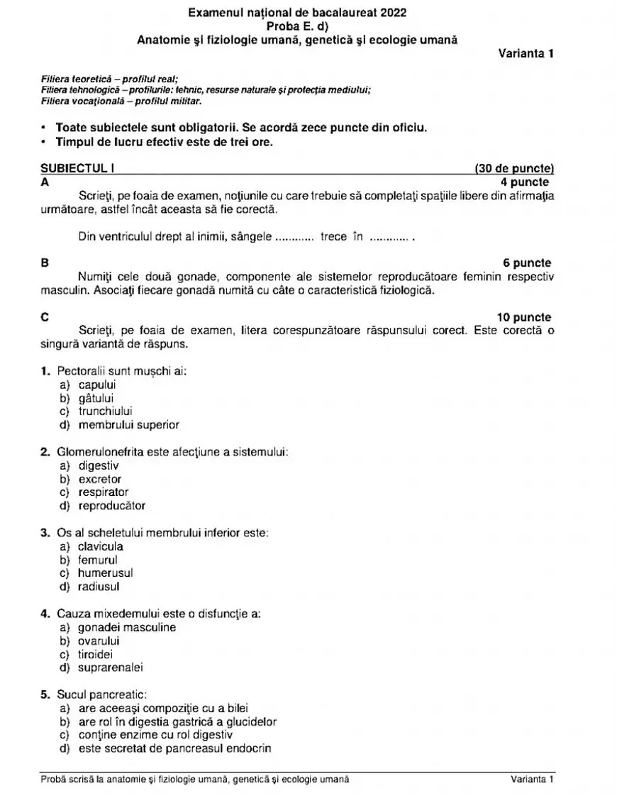 BAC biologie și anatomie 2022. Subiectele și baremele de corectare, publicate de Ministerul Educației