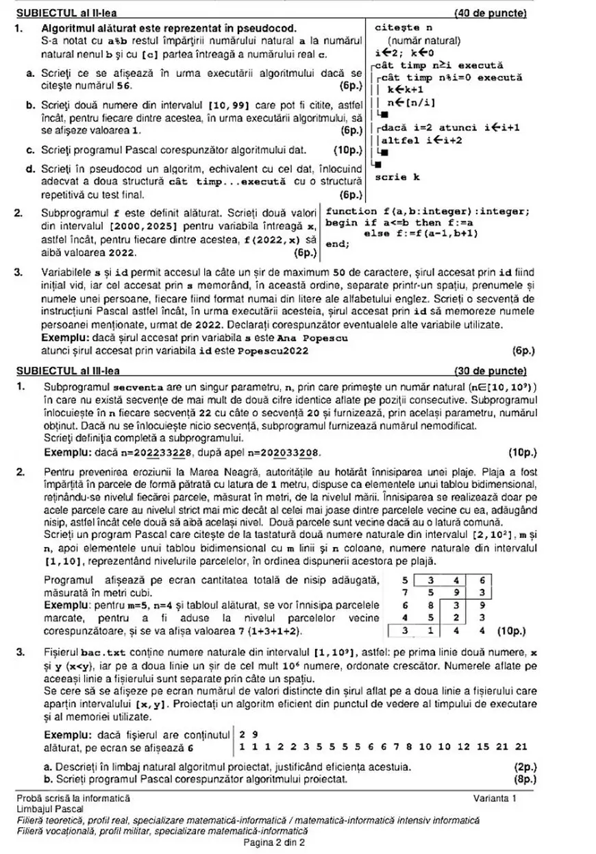 BAC informatică 2022. Subiectele și baremele de corectare, publicate de Ministerul Educației