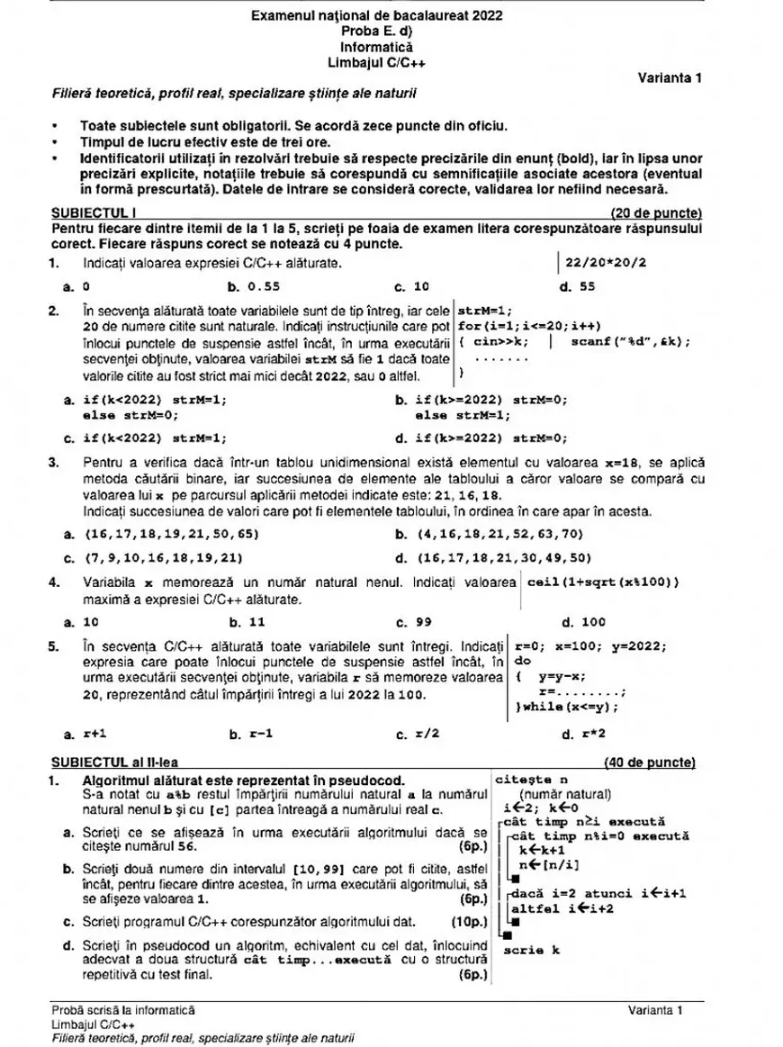 BAC informatică 2022. Subiectele și baremele de corectare, publicate de Ministerul Educației