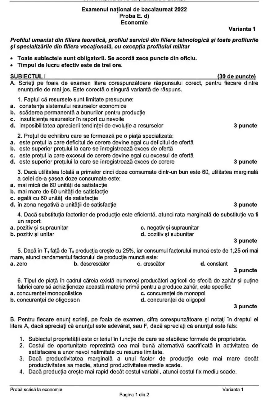 BAC economie 2022. Subiectele și baremele de corectare, publicate de Ministerul Educației