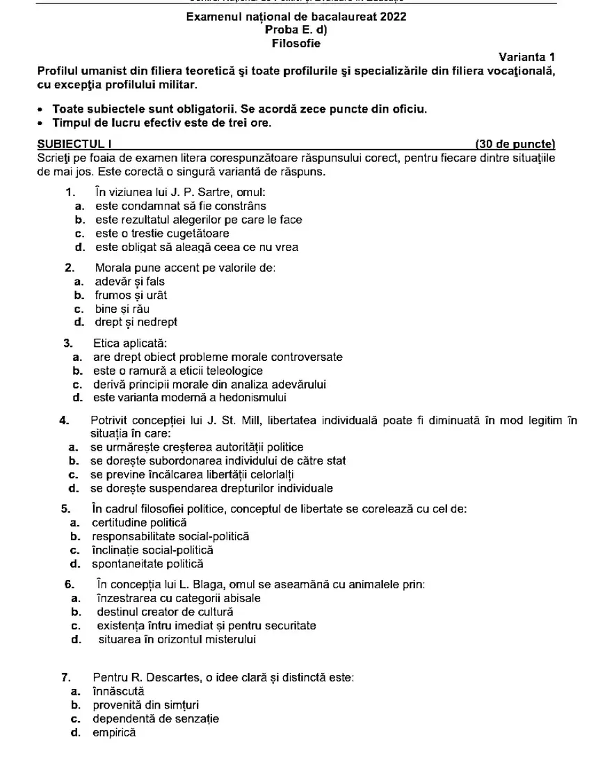 BAC filosofie 2022. Subiectele și baremele de corectare, publicate de Ministerul Educației