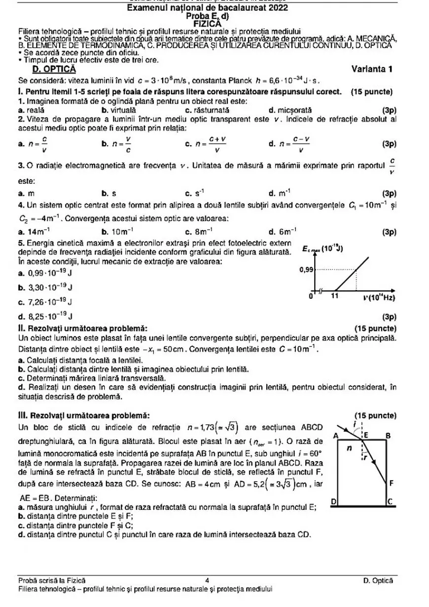 BAC fizică 2022. Subiectele și baremele de corectare, publicate de Ministerul Educației