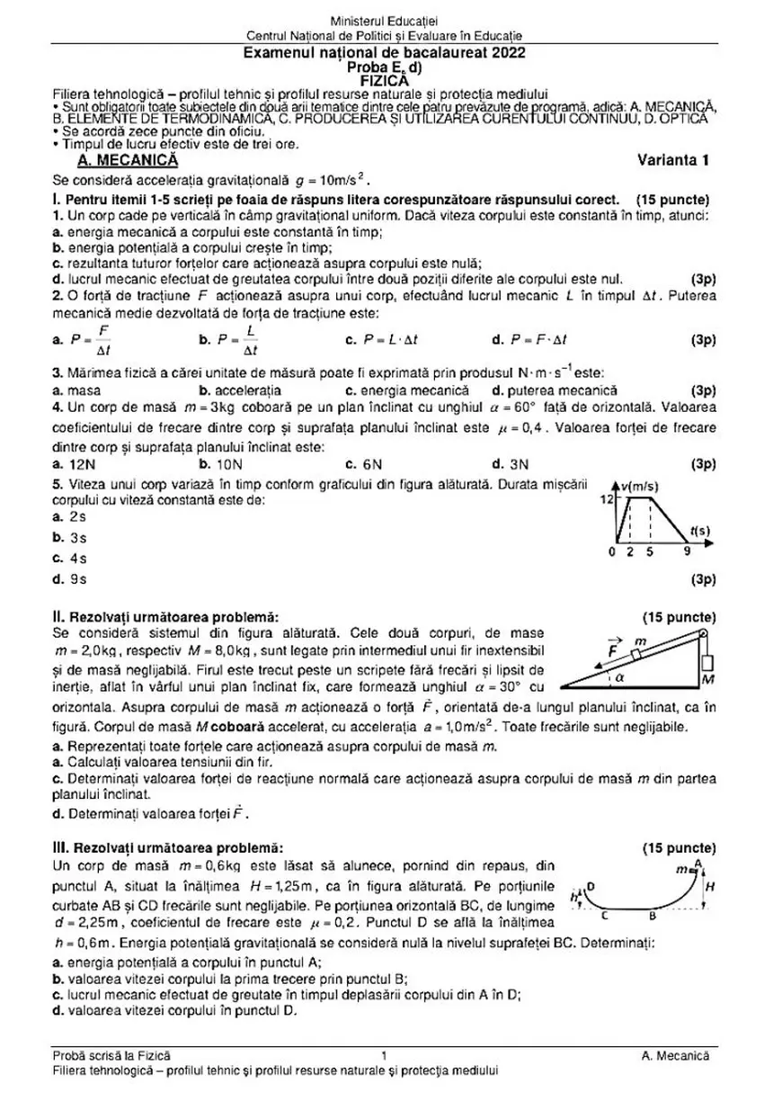 BAC fizică 2022. Subiectele și baremele de corectare, publicate de Ministerul Educației