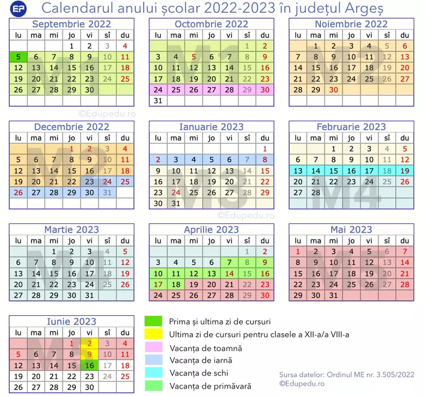 Calendarul anului şcolar 2022-2023 pentru fiecare judeţ - Argeş