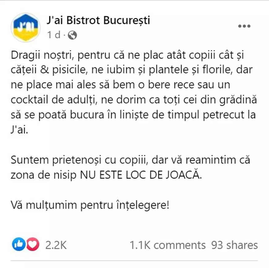 Restaurantul J'ai Bistrot a divizat rețelele de socializare cu o postare despre copii. „Ne cerem scuze pentru ambiguitate”
