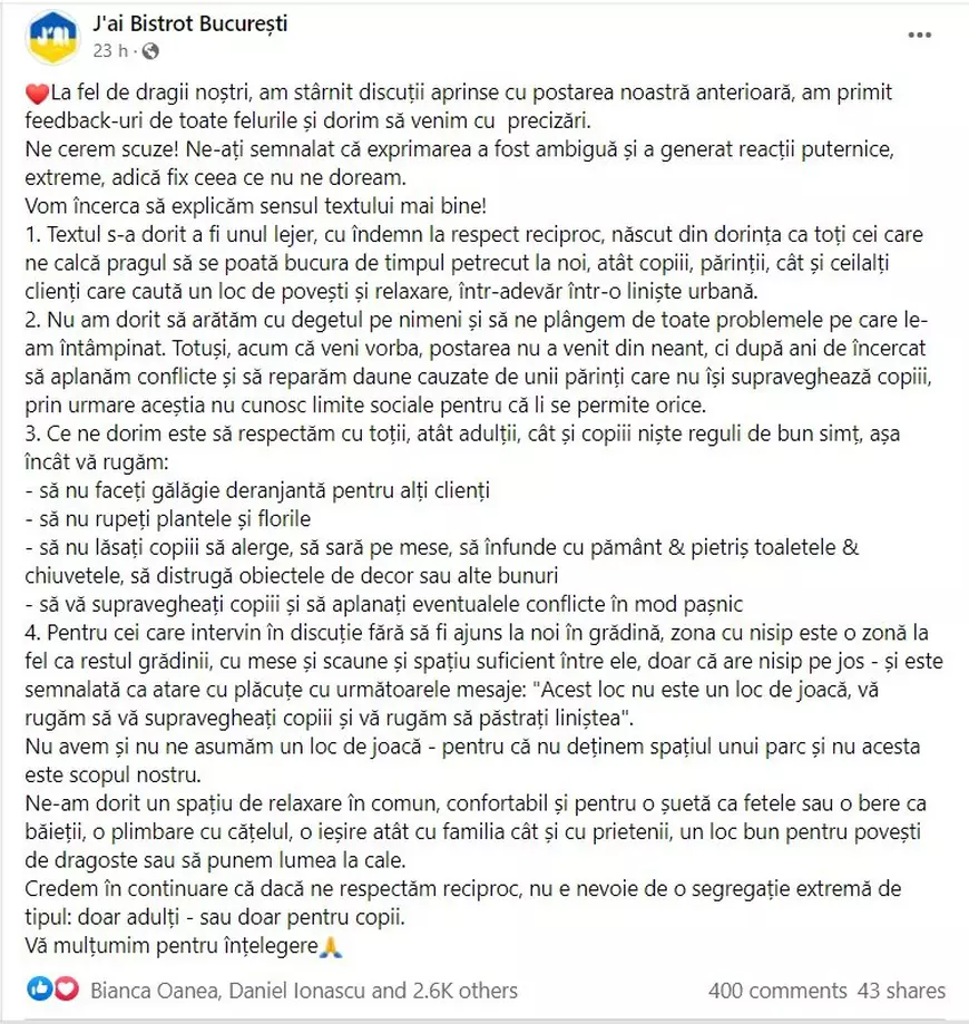 Restaurantul J'ai Bistrot a divizat rețelele de socializare cu o postare despre copii. „Ne cerem scuze pentru ambiguitate”