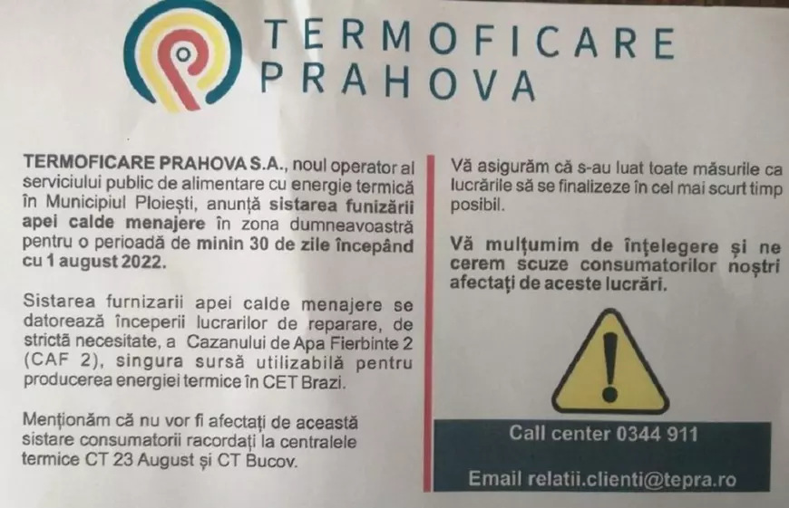 Apa caldă, oprită aproape în tot Ploieștiul de la 1 august, pentru cel puțin o lună. Primăria spune că nu a fost anunțată