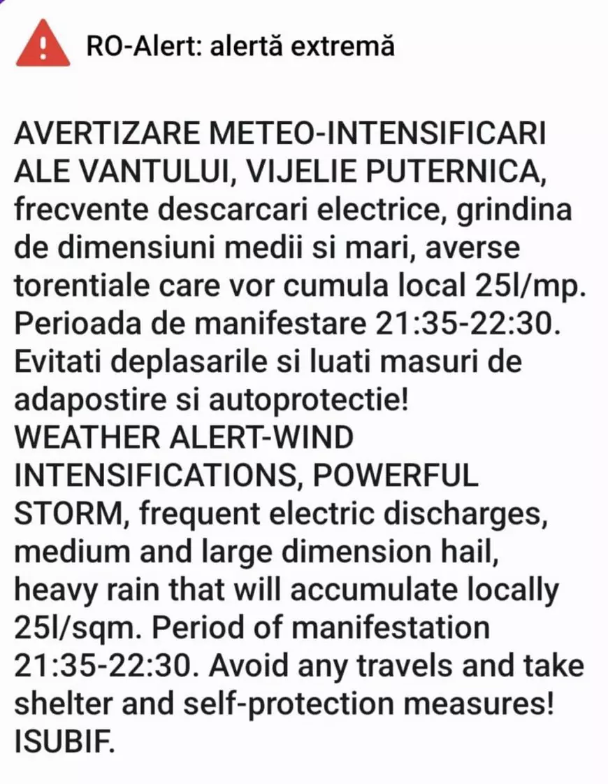 Cod portocaliu de furtună în București și Ilfov. A fost trimis mesaj RO-Alert