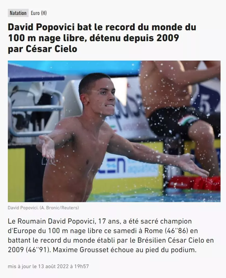 „Nu e om, e de pe altă planetă”. Reacția presei internaționale, după noua performanță a lui David Popovici