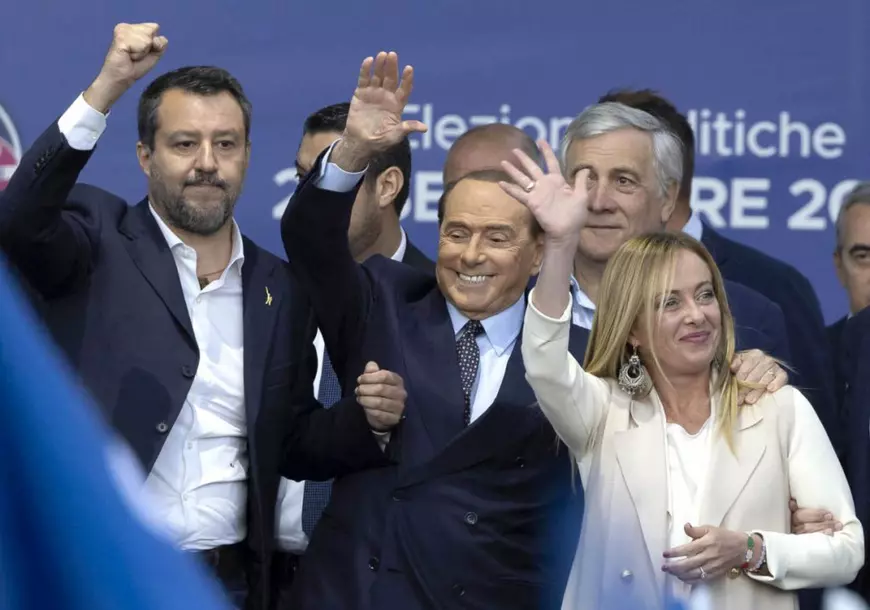De la stânga la dreapta: Matteo Salvini, liderul Ligii, Silvio Berlusconii, liderul Forza Italia, și Giorgia Meloni, lidera Frații Italiei, FDL