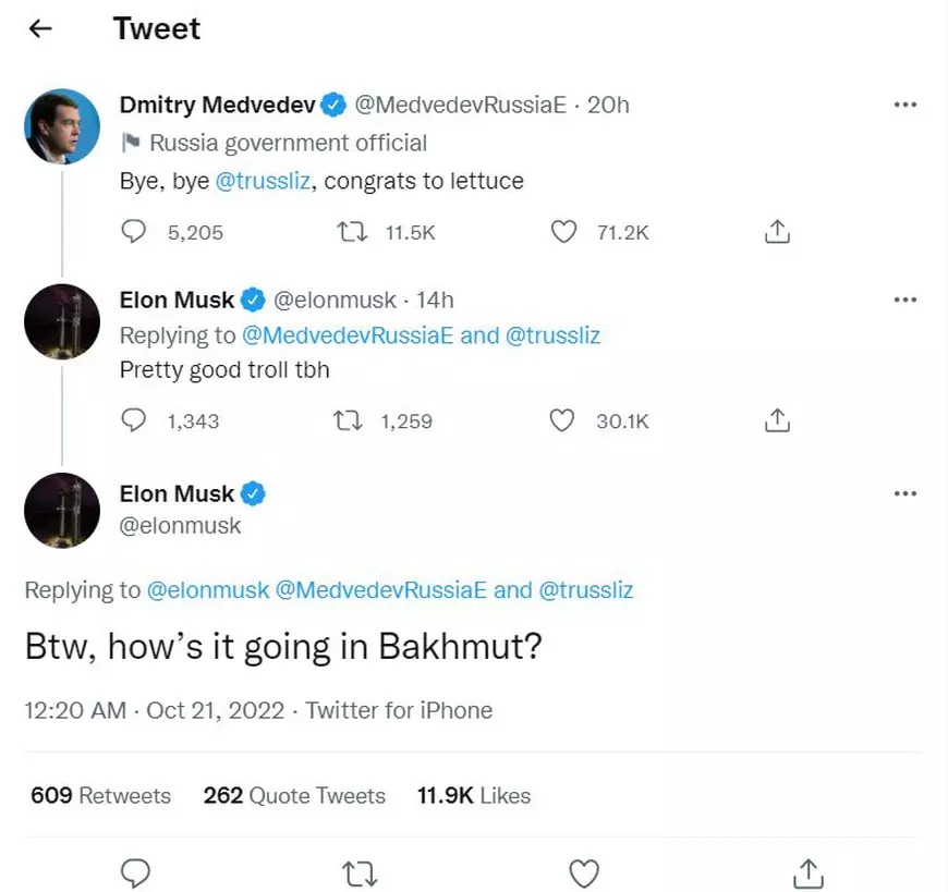 Elon Musk îl ironizează pe Dmitri Medvedev pe Twitter: „Cum merg lucrurile în Bahmut?”. Ce i-a răspuns fostul președinte rus