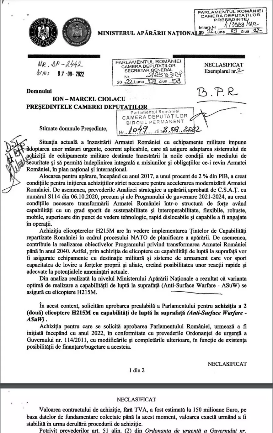 Parlamentul a aprobat o solicitare a MApN de a cumpăra două elicoptere militare. Cât costă achiziția