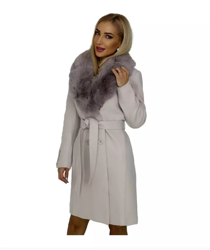 Palton din lana Exclusive, cu guler din blana si cordon in talie, Alb murdar- 414,89 Lei  