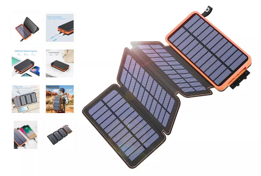 Baterie externă pentru telefoane, încărcare solară, 16000 mAh, 15.5x8.5x3.5 cm, Negru/Portocaliu