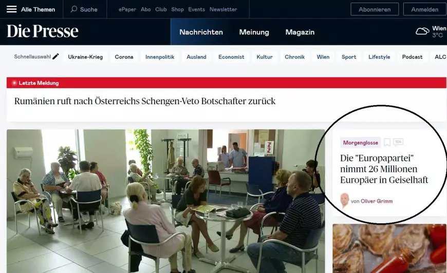 Articol critic într-un ziar austriac, după veto-ul Vienei pentru Schengen: „«Partidul european» a luat ostatici 26 de milioane de oameni”