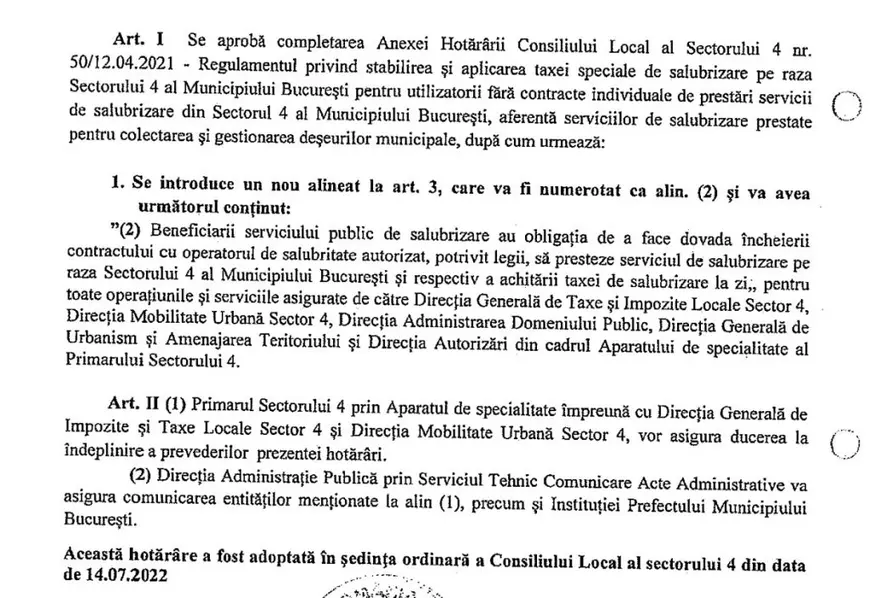 Servicii și informații publice, doar dacă ai contract de salubrizare, la Primăria Sectorului 4. „Un regulament al unei instituții nu poate adăuga la lege”