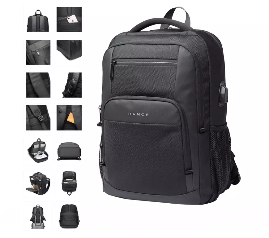 Rucsac Bange, multifuncțional port USB, buzunar antifurt, rezistent la apă, BG1921BK Negru