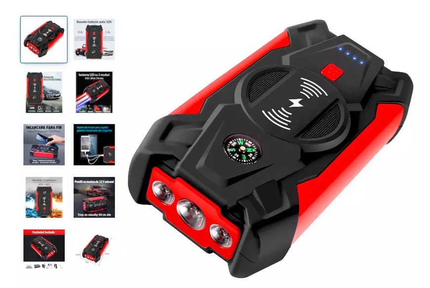 Starter auto HouDeOS pentru motor benzină/diesel, 28000mAh, 12V, 4/6L, 10W, 17x9x4 cm, Roșu/Negru