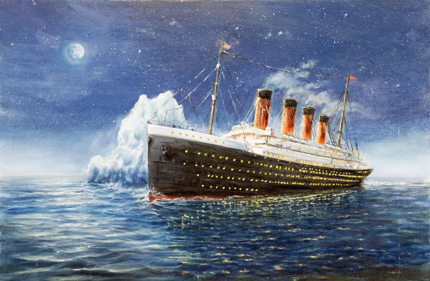 Cele mai mari dezastre navale din istorie - Imagine cu o pictură reprezentând nava Titanic în apropierea unui iceberg.