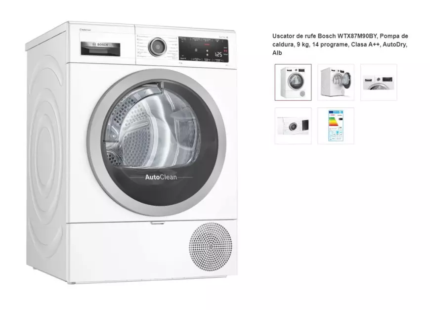 Uscător de rufe Bosch WTX87M90BY, Pompă de căldură, 9 kg, 14 programe, Clasa A++, AutoDry, Alb