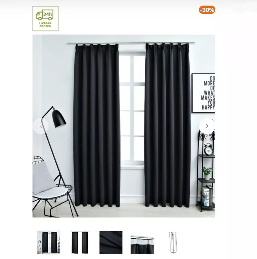 Draperiile opace cu cârlige, 2 buc., negru, 140 x 175 cm.