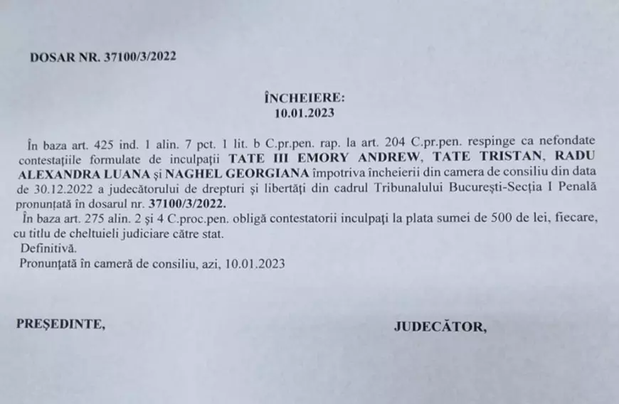 Frații Tristan și Andrew Tate rămân în arest. Curtea de Apel le-a respins contestația