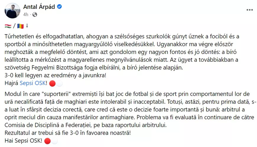 Mesaj video publicat de primarul Antal Árpád, după suspendarea meciului de la Sfântu Gheorghe: „Ură necalificată față de maghiari”