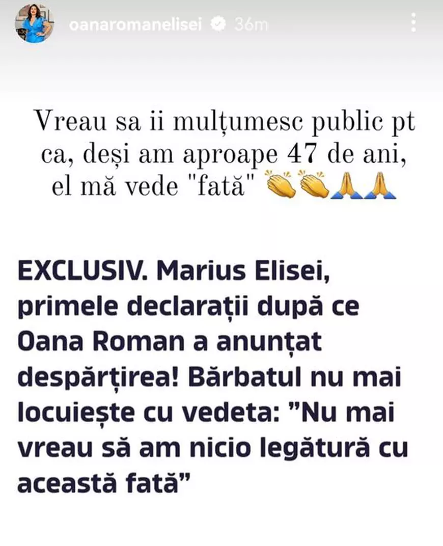 Reacția Oanei Roman după ce Marius Elisei a spus că nu vrea să mai audă de ea. „Vreau să îi mulțumesc public”