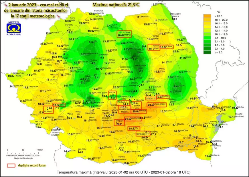 Record de temperatură la 17 stații meteo din țară, pe 2 ianuarie. Unde au fost peste 21 de grade Celsius
