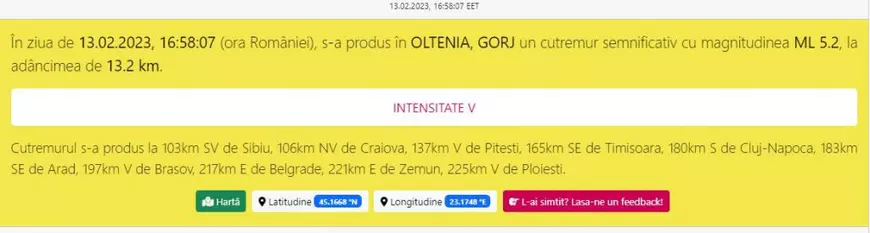Cutremur cu magnitudinea de 5,2, în județul Gorj. A fost resimțit în mai multe orașe