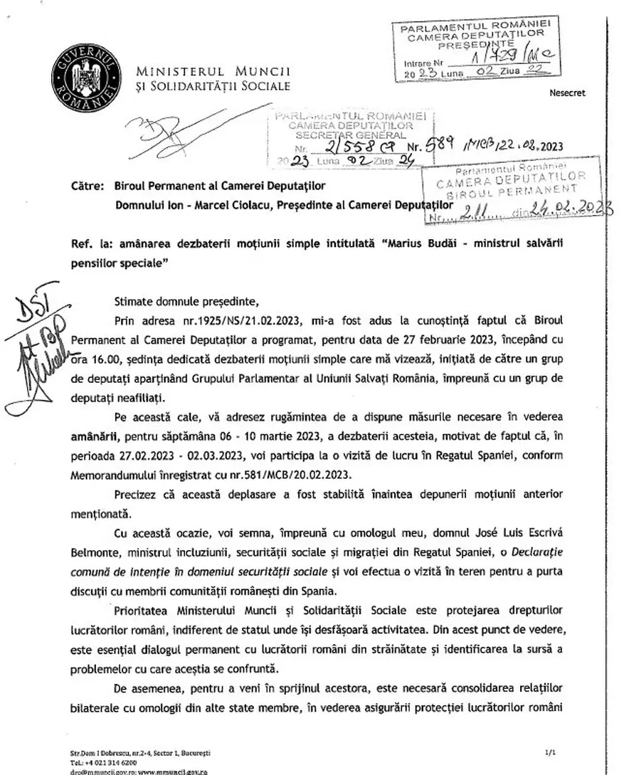 Ministrul Budăi, chemat din nou în Parlament pentru moțiunea simplă, pe 6 martie