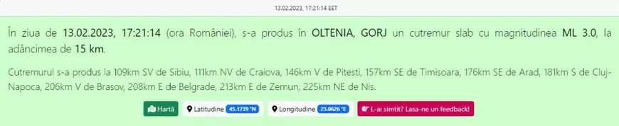 Cutremur cu magnitudinea de 5,2, în județul Gorj. A fost resimțit în mai multe orașe