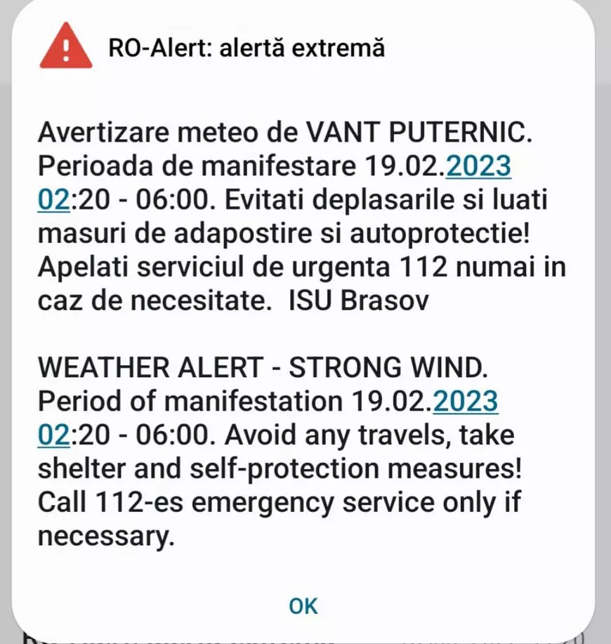 Brașovenii, treziți din somn, la ora două noaptea, de o avertizare Ro-Alert de vânt: „Facem reclamație”. Ce spune ISU
