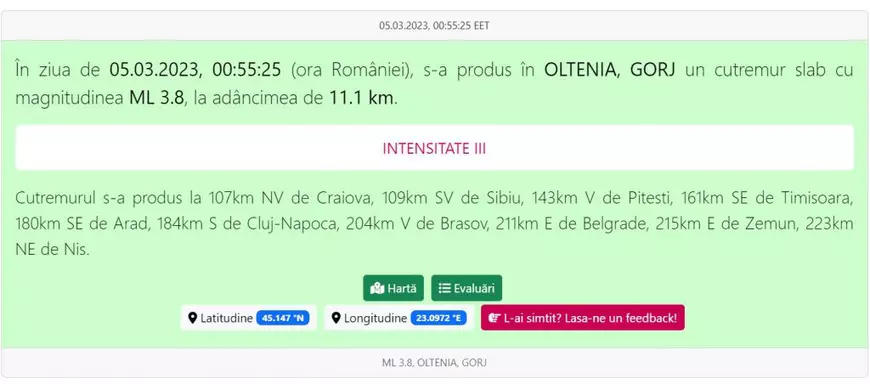 Cutremur în Gorj, în timpul nopții. Seismul a avut magnitudinea de 3,8