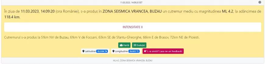 Cutremur cu magnitudinea de peste 4 grade, în Vrancea