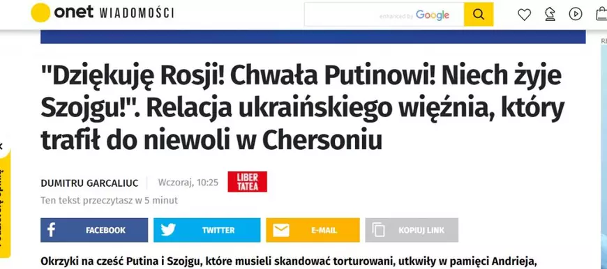 Mărturia partizanului ucrainean capturat de ruși, publicată de Libertatea, preluată de cel mai mare site de știri din Polonia