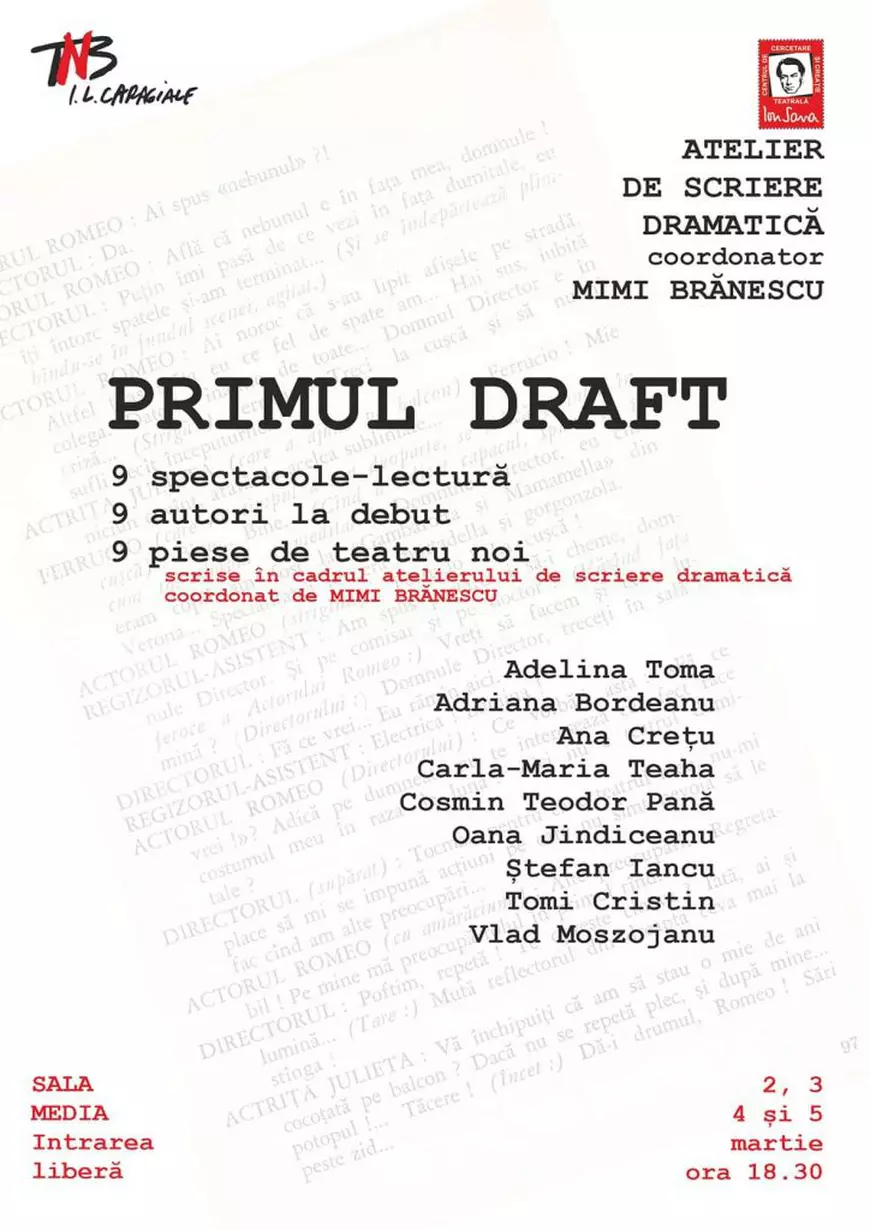 Primul DRAFT – eveniment cu intrare liberă, la Teatrul Național ”I. L. Caragiale” din București