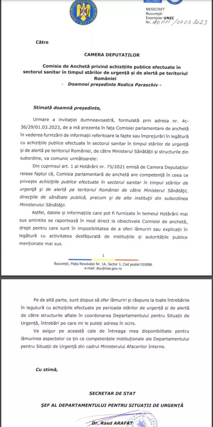 Raed Arafat, rechemat în Parlament să dea explicații pentru achizițiile publice în pandemie, după ce marți a lipsit. Ce spune șeful DSU