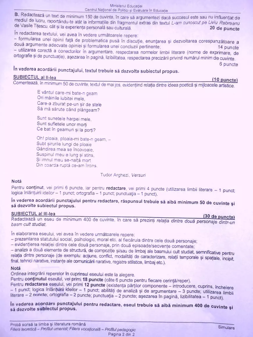 Subiecte la simulare la Limba Română Bacalaureat 2023. Ce au avut de rezolvat elevii