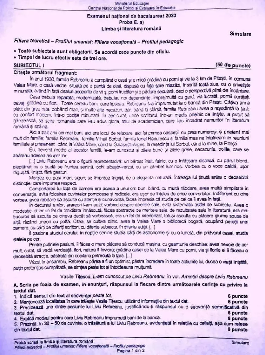 Subiecte la simulare la Limba Română Bacalaureat 2023. Ce au avut de rezolvat elevii