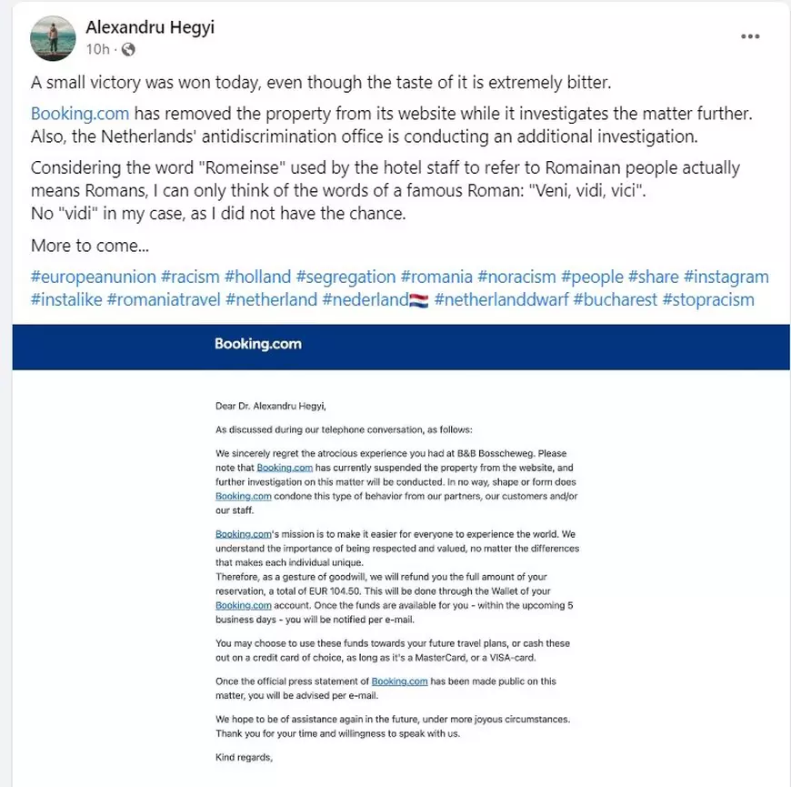 Românul care nu a fost primit la un hotel din Olanda spune că Booking l-a anunțat că a renunțat la colaborarea cu hotelul