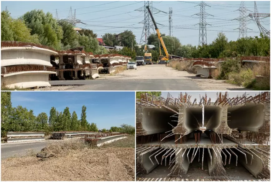 Podul neterminat, construit pe grinzi degradate, care se leagă cu autostrada spre Marea Neagră, s-a împodobit cu palmieri. Autoarea: primăria lui Robert Negoiță
