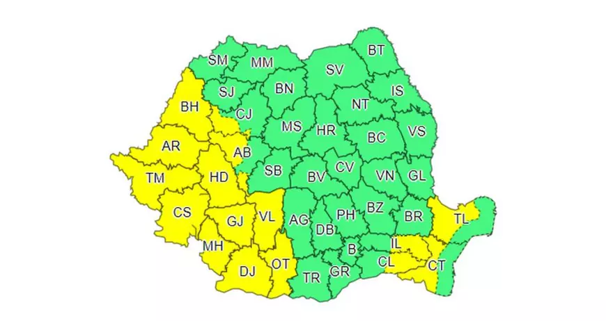 Cod galben de ploi torențiale în vest, sud-vest și sud-est. Sunt anunțate ploi scurte și în București
