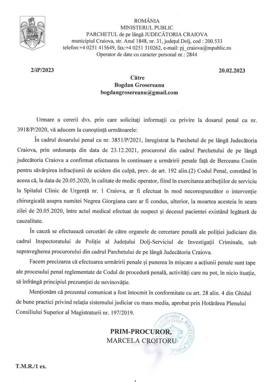 Doctor cercetat pentru ucidere din culpă primește post de profesor la Universitatea de Medicină și Farmacie din Craiova