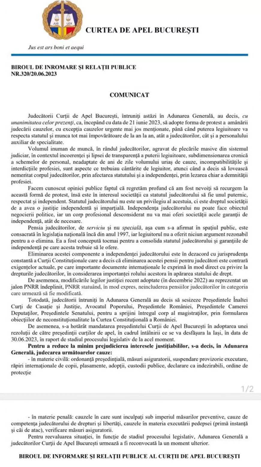 Magistrații și procurorii anunță că-și opresc activitatea, de miercuri, din cauza proiectului reformei pensiilor