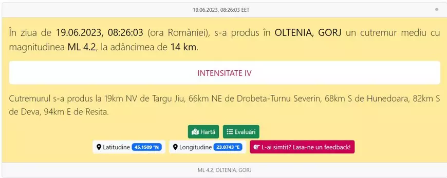 Un cutremur de magnitudine 4,2 s-a produs în județul Gorj