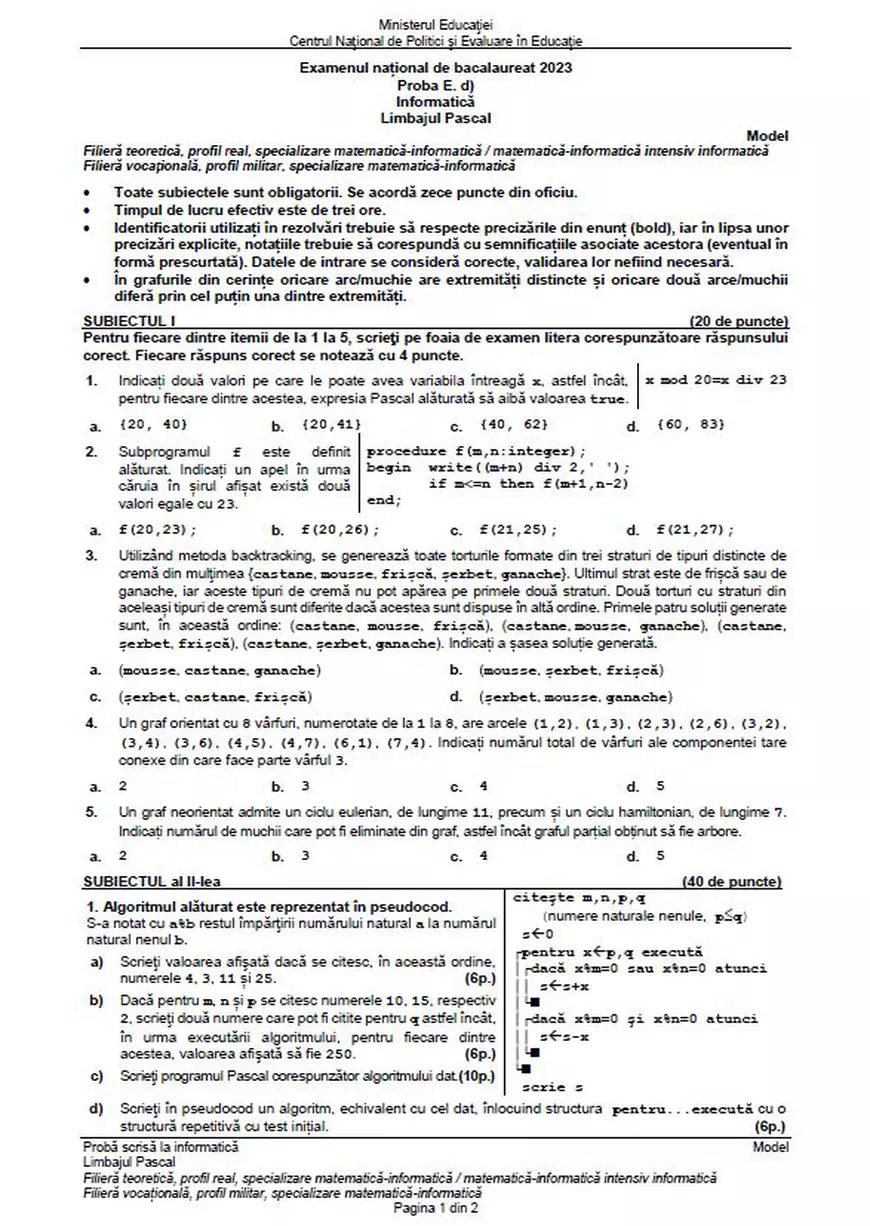 Modele de subiecte la Informatică pentru BAC 2023